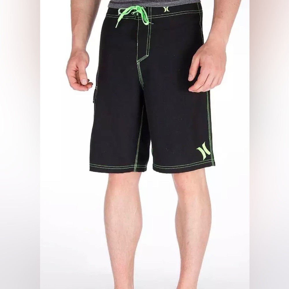 Hurley Men’s Black Boardshorts with Neon Green Accents